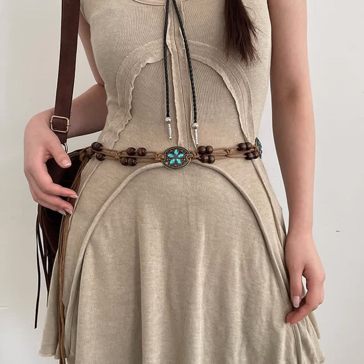 Ceinture tressée bohème en perles de bois et pierres précieuses pour femme