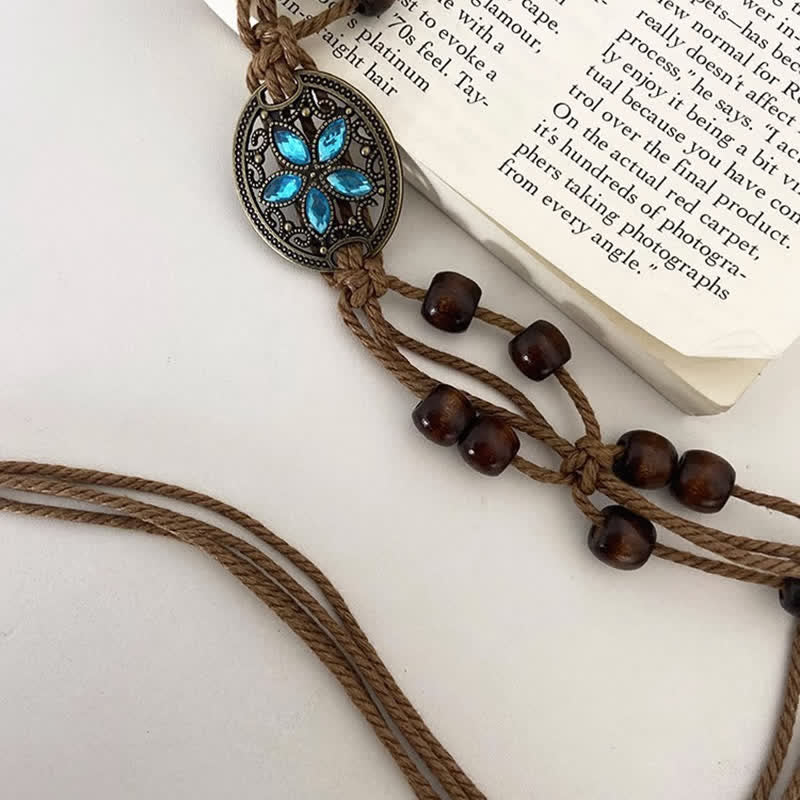 Ceinture tressée bohème en perles de bois et pierres précieuses pour femme
