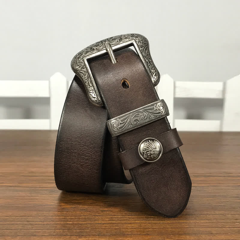 Ceinture en cuir à boucle avec motif floral indien gravé