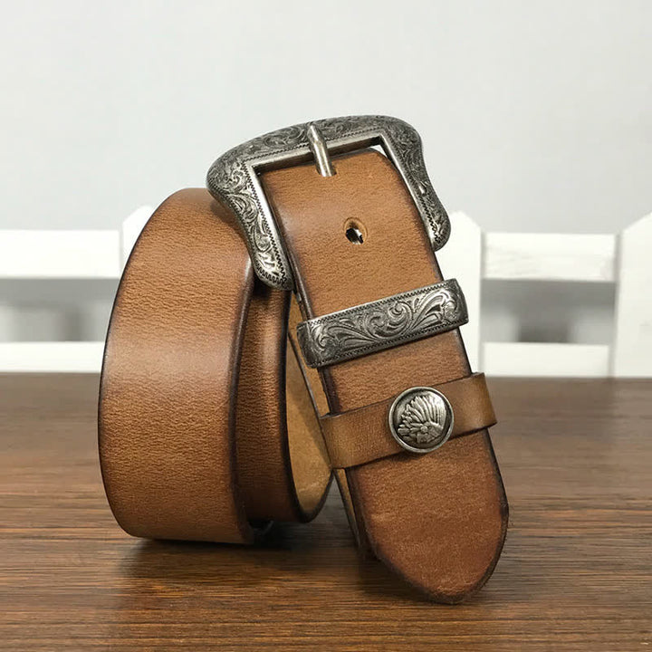 Ceinture en cuir à boucle avec motif floral indien gravé