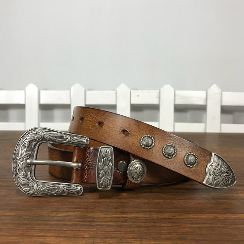 Ceinture en cuir cloutée avec boucle en forme de fleur sculptée vintage