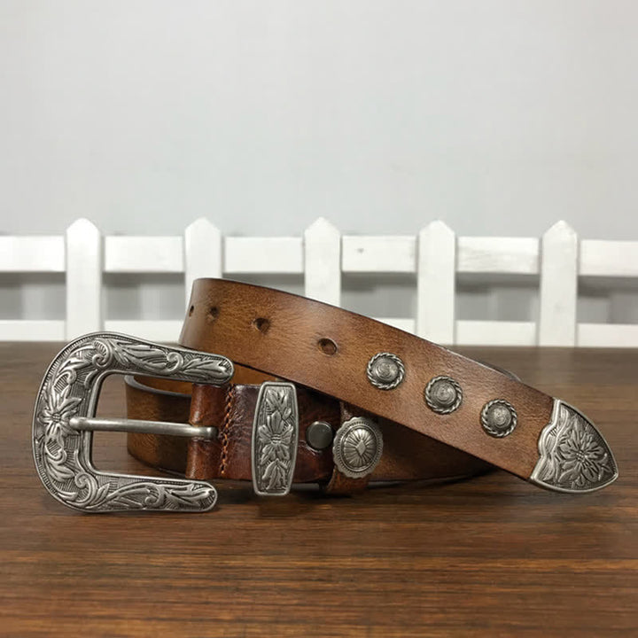 Ceinture en cuir cloutée avec boucle en forme de fleur sculptée vintage