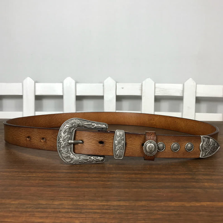 Ceinture en cuir cloutée avec boucle en forme de fleur sculptée vintage