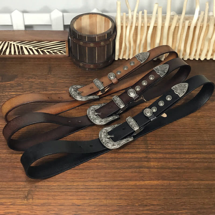 Ceinture en cuir cloutée avec boucle en forme de fleur sculptée vintage