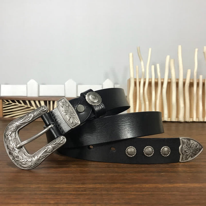 Ceinture en cuir cloutée avec boucle en forme de fleur sculptée vintage