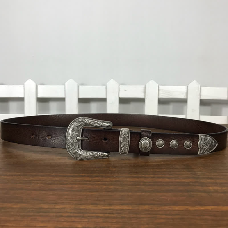 Ceinture en cuir cloutée avec boucle en forme de fleur sculptée vintage