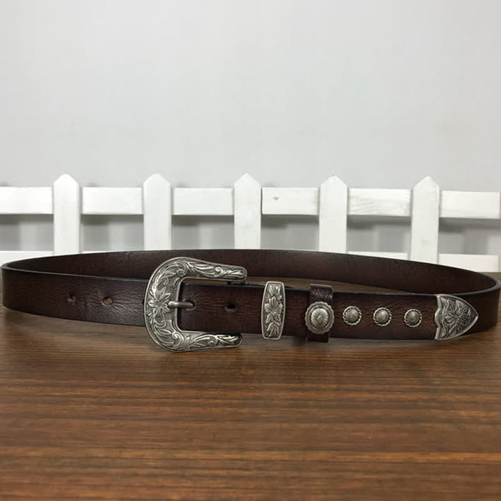Ceinture en cuir cloutée avec boucle en forme de fleur sculptée vintage
