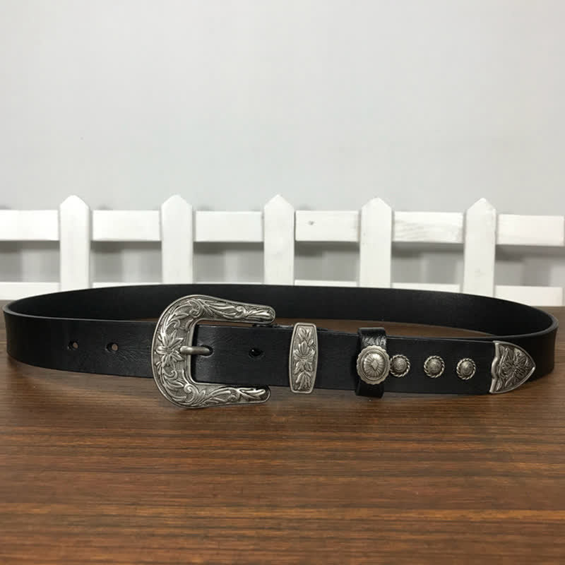 Ceinture en cuir cloutée avec boucle en forme de fleur sculptée vintage