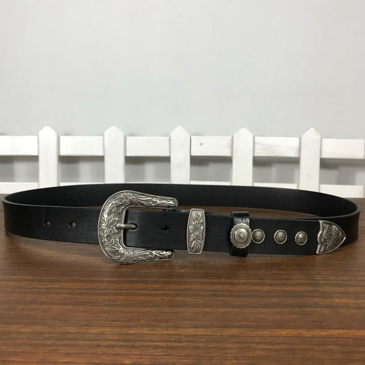 Ceinture en cuir cloutée avec boucle en forme de fleur sculptée vintage