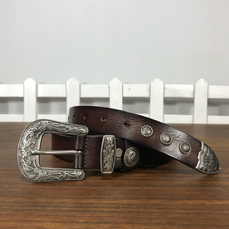 Ceinture en cuir cloutée avec boucle en forme de fleur sculptée vintage
