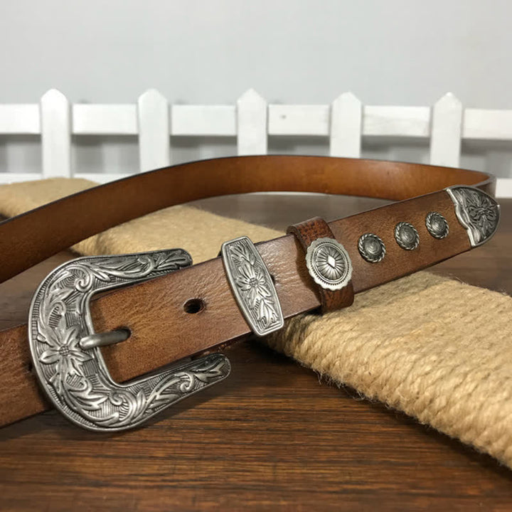 Ceinture en cuir cloutée avec boucle en forme de fleur sculptée vintage