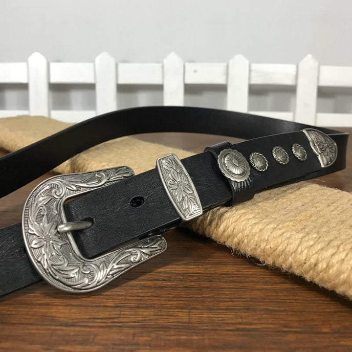 Ceinture en cuir cloutée avec boucle en forme de fleur sculptée vintage