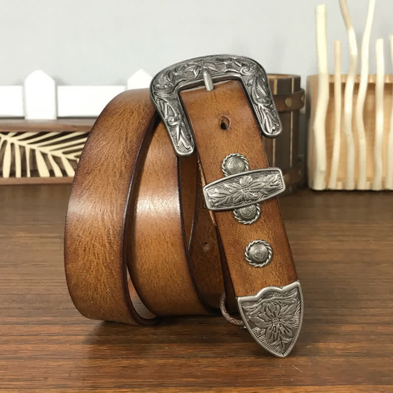 Ceinture en cuir cloutée avec boucle en forme de fleur sculptée vintage