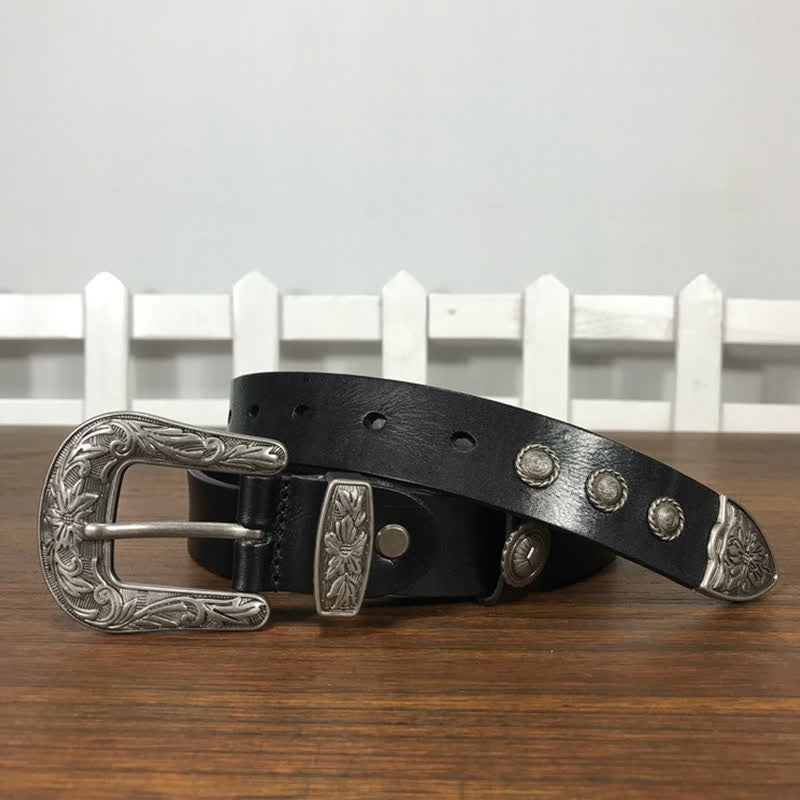 Ceinture en cuir cloutée avec boucle en forme de fleur sculptée vintage