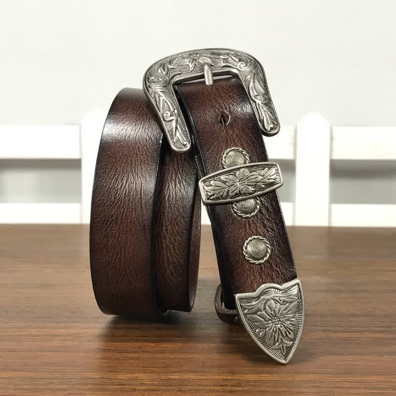 Ceinture en cuir cloutée avec boucle en forme de fleur sculptée vintage