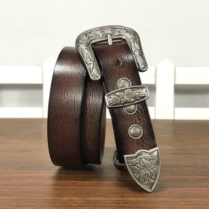Ceinture en cuir cloutée avec boucle en forme de fleur sculptée vintage