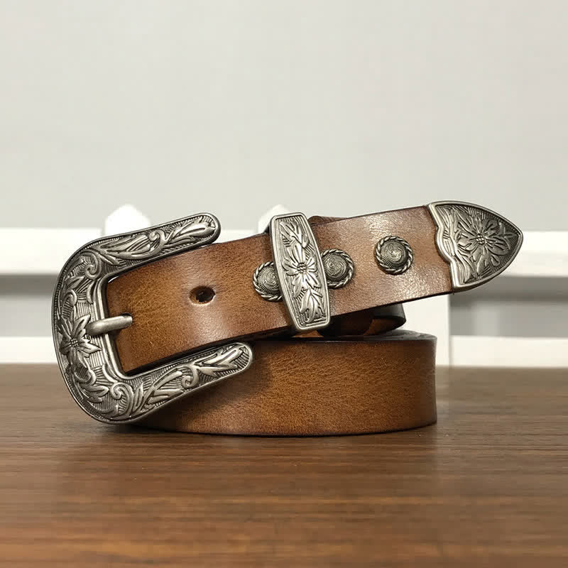 Ceinture en cuir cloutée avec boucle en forme de fleur sculptée vintage