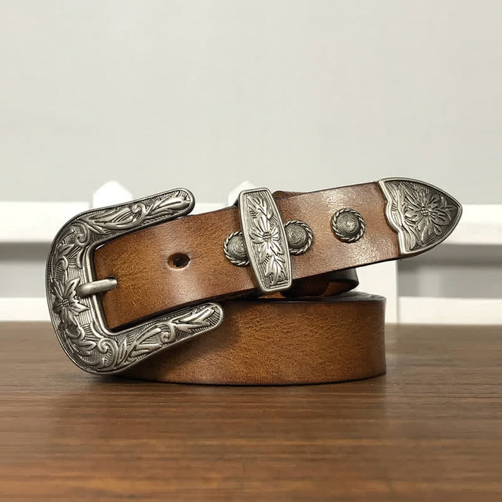 Ceinture en cuir cloutée avec boucle en forme de fleur sculptée vintage