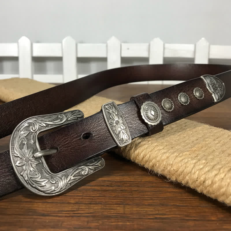 Ceinture en cuir cloutée avec boucle en forme de fleur sculptée vintage