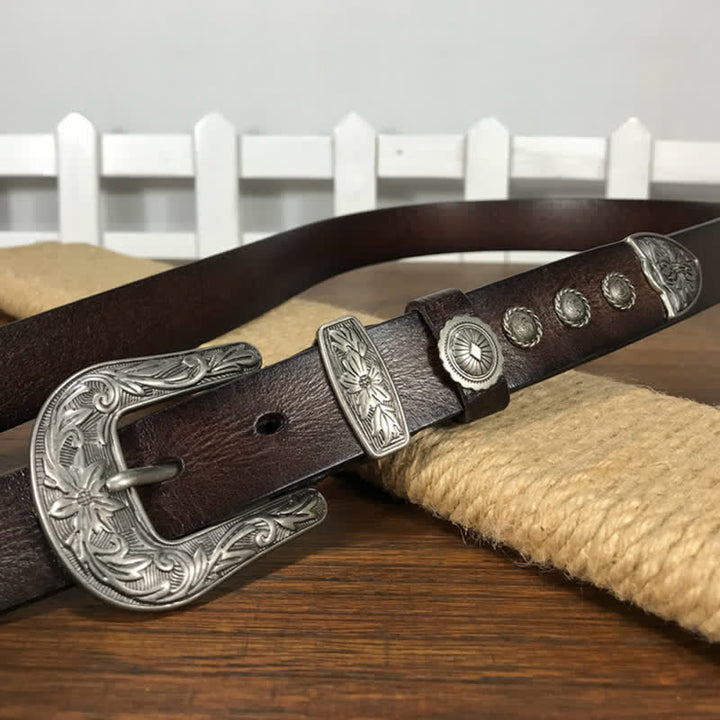 Ceinture en cuir cloutée avec boucle en forme de fleur sculptée vintage
