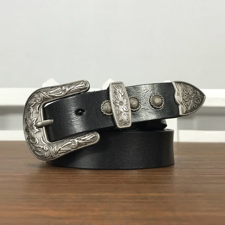 Ceinture en cuir cloutée avec boucle en forme de fleur sculptée vintage