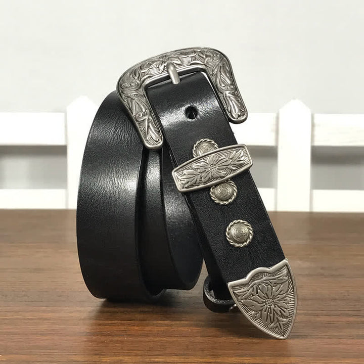 Ceinture en cuir cloutée avec boucle en forme de fleur sculptée vintage