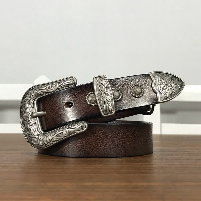 Ceinture en cuir cloutée avec boucle en forme de fleur sculptée vintage