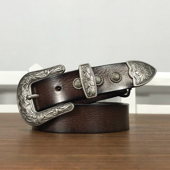 Ceinture en cuir cloutée avec boucle en forme de fleur sculptée vintage