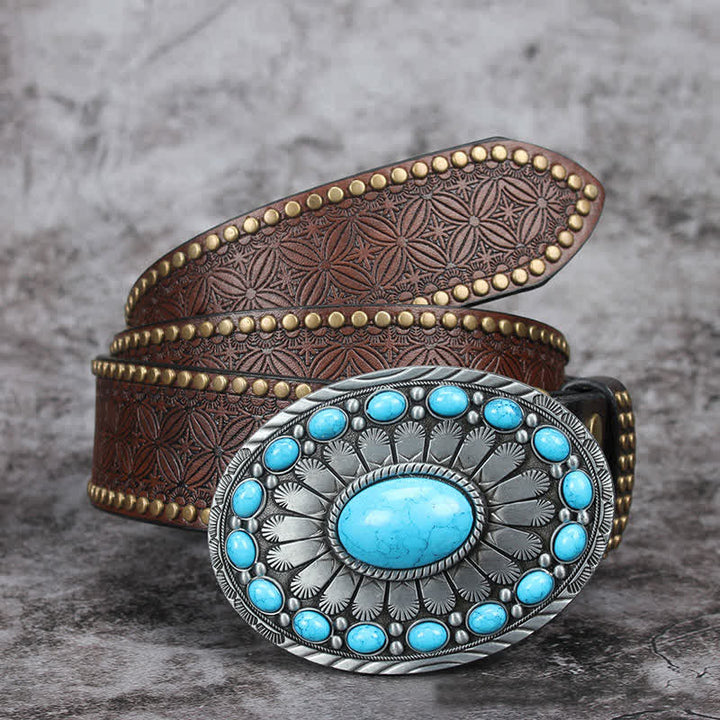 Ceinture en cuir pour homme avec pierre turquoise et motif bohème vintage