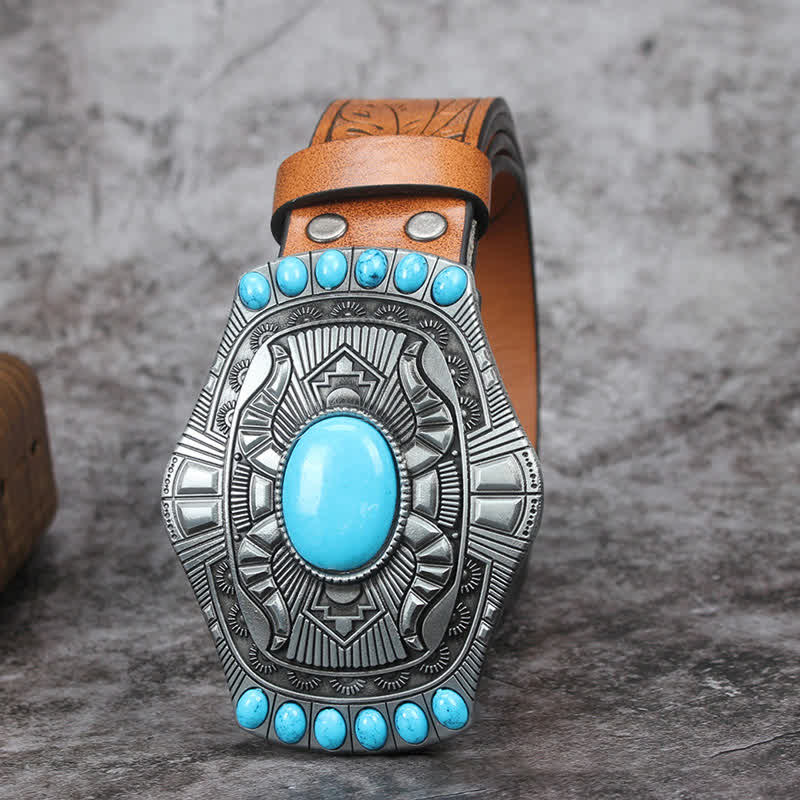 Ceinture en cuir pour homme avec pierre turquoise et motif bohème vintage