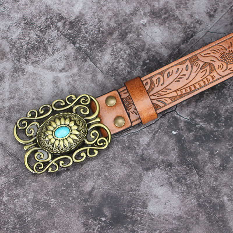 Ceinture en cuir incrusté turquoise avec boucle évidée pour homme