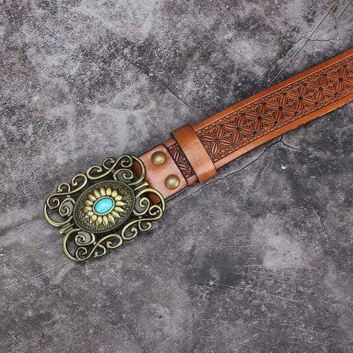 Ceinture en cuir incrusté turquoise avec boucle évidée pour homme
