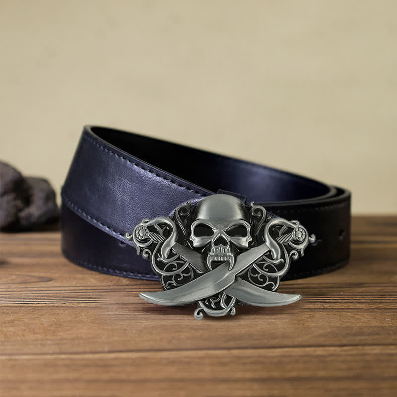 Ceinture en cuir à boucle fantôme avec tête de mort et épées doubles pour homme