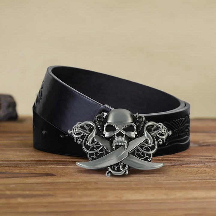 Ceinture en cuir à boucle fantôme avec tête de mort et épées doubles pour homme