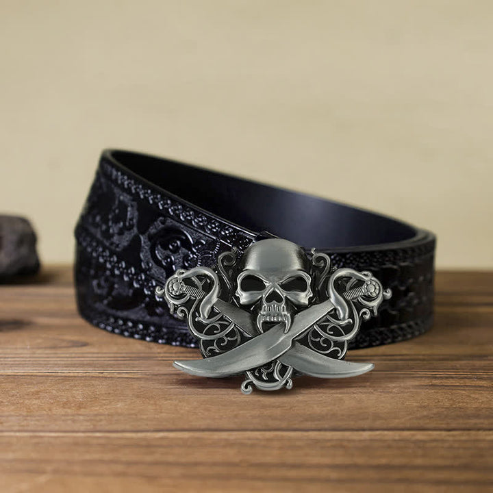Ceinture en cuir à boucle fantôme avec tête de mort et épées doubles pour homme