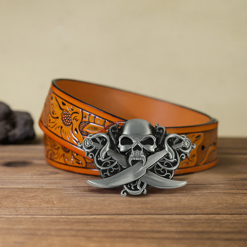 Ceinture en cuir à boucle fantôme avec tête de mort et épées doubles pour homme