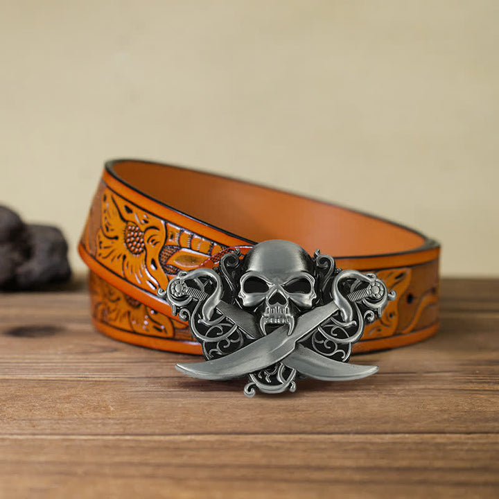 Ceinture en cuir à boucle fantôme avec tête de mort et épées doubles pour homme