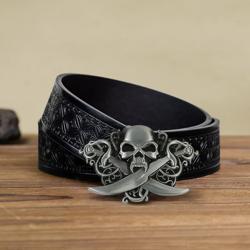 Ceinture en cuir à boucle fantôme avec tête de mort et épées doubles pour homme