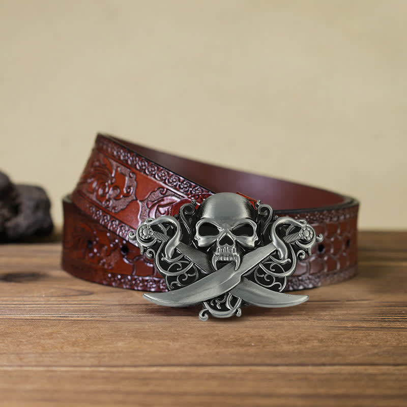 Ceinture en cuir à boucle fantôme avec tête de mort et épées doubles pour homme