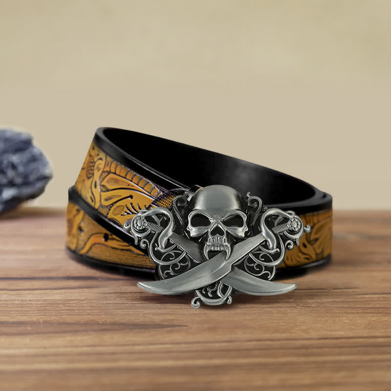 Ceinture en cuir à boucle fantôme avec tête de mort et épées doubles pour homme