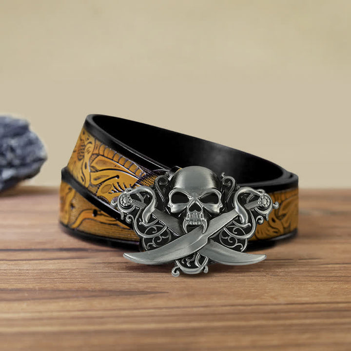 Ceinture en cuir à boucle fantôme avec tête de mort et épées doubles pour homme