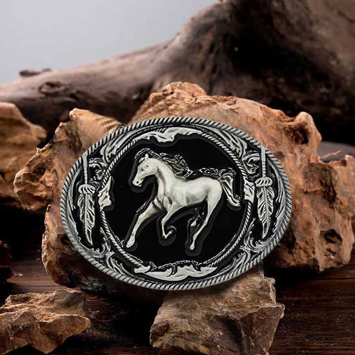 Ceinture en cuir à boucle de cheval de course argentée et noire pour homme