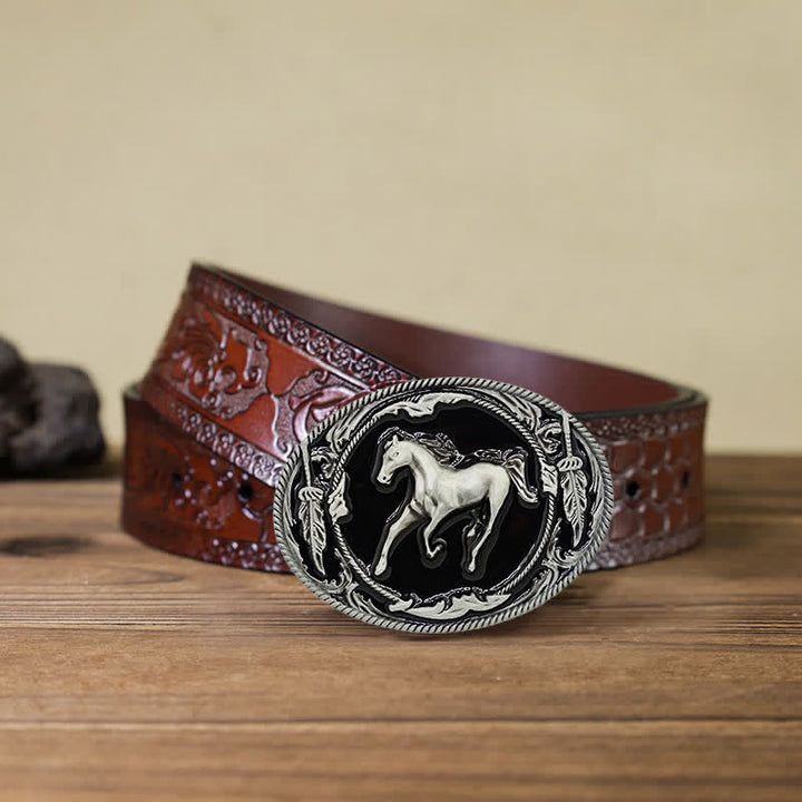 Ceinture en cuir à boucle de cheval de course argentée et noire pour homme