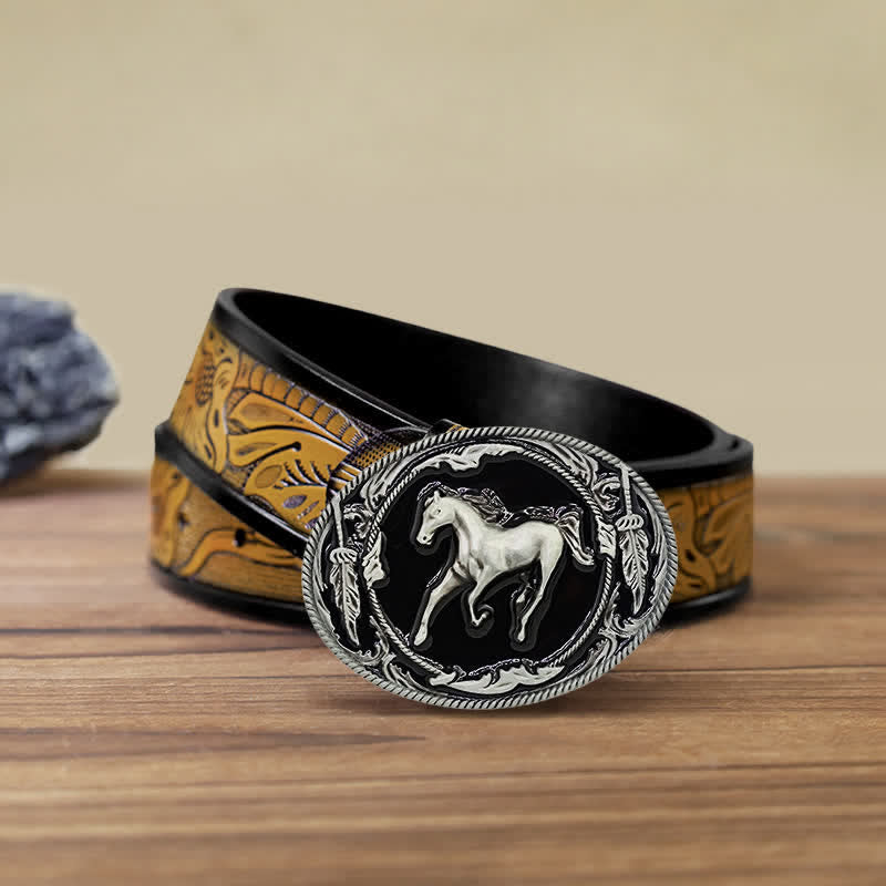 Ceinture en cuir à boucle de cheval de course argentée et noire pour homme