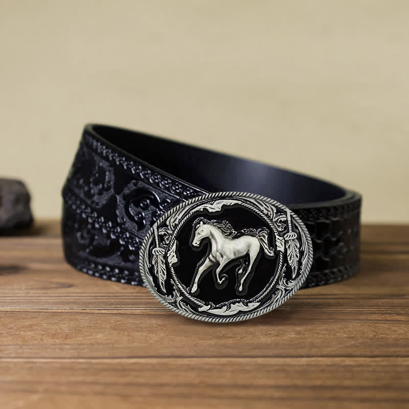 Ceinture en cuir à boucle de cheval de course argentée et noire pour homme