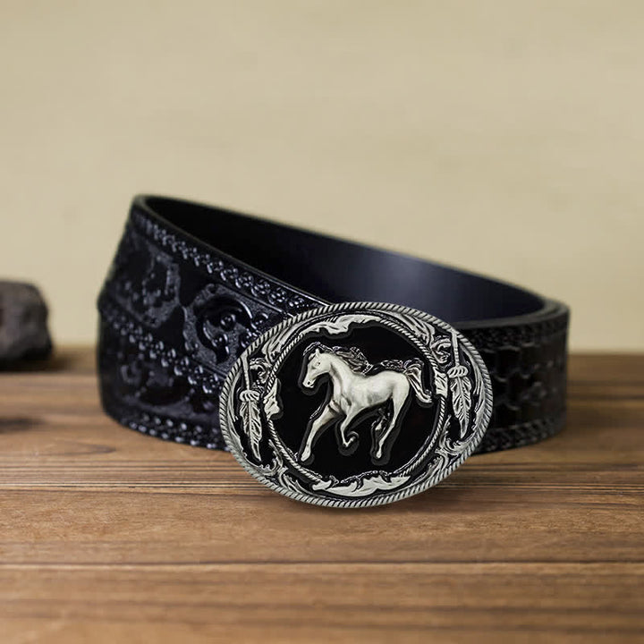 Ceinture en cuir à boucle de cheval de course argentée et noire pour homme