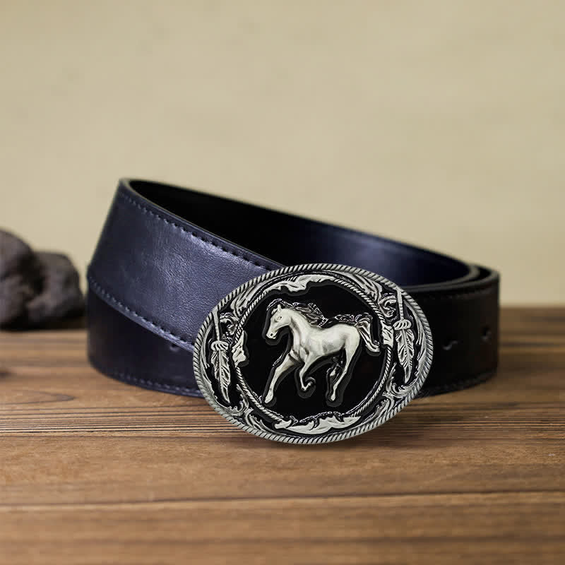 Ceinture en cuir à boucle de cheval de course argentée et noire pour homme