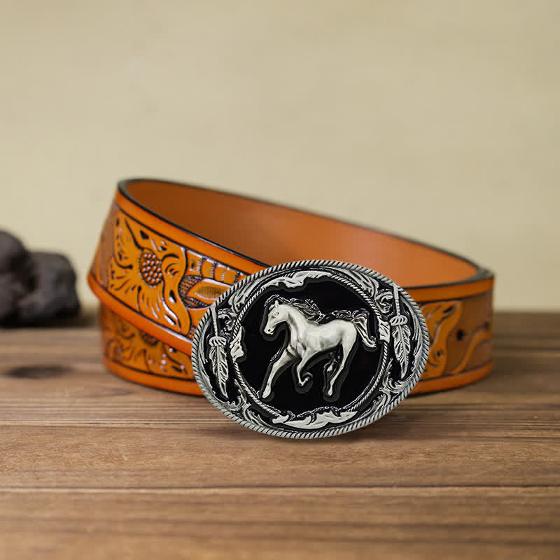 Ceinture en cuir à boucle de cheval de course argentée et noire pour homme