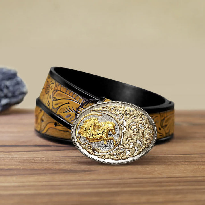 Ceinture en cuir à boucle tête de cheval dorée de luxe pour homme