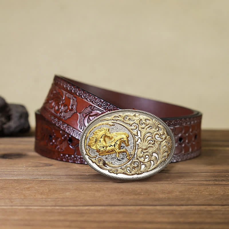 Ceinture en cuir à boucle tête de cheval dorée de luxe pour homme